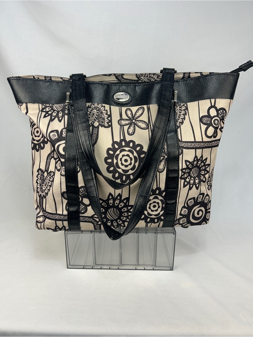 American Tourister Black and Cream Floral Tote